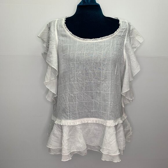 Liverpool Top Medium White Sheer Summer Ruffle Shirt Window Pane Peplum - Picture 1 of 12